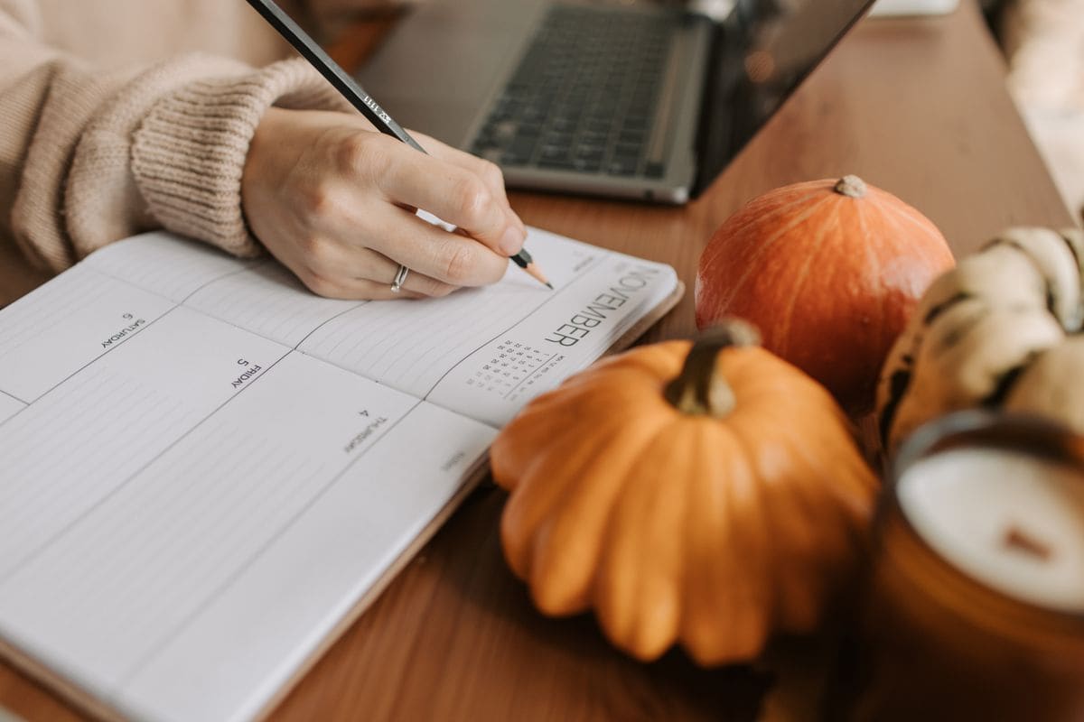 Person holding a pen over a planner
